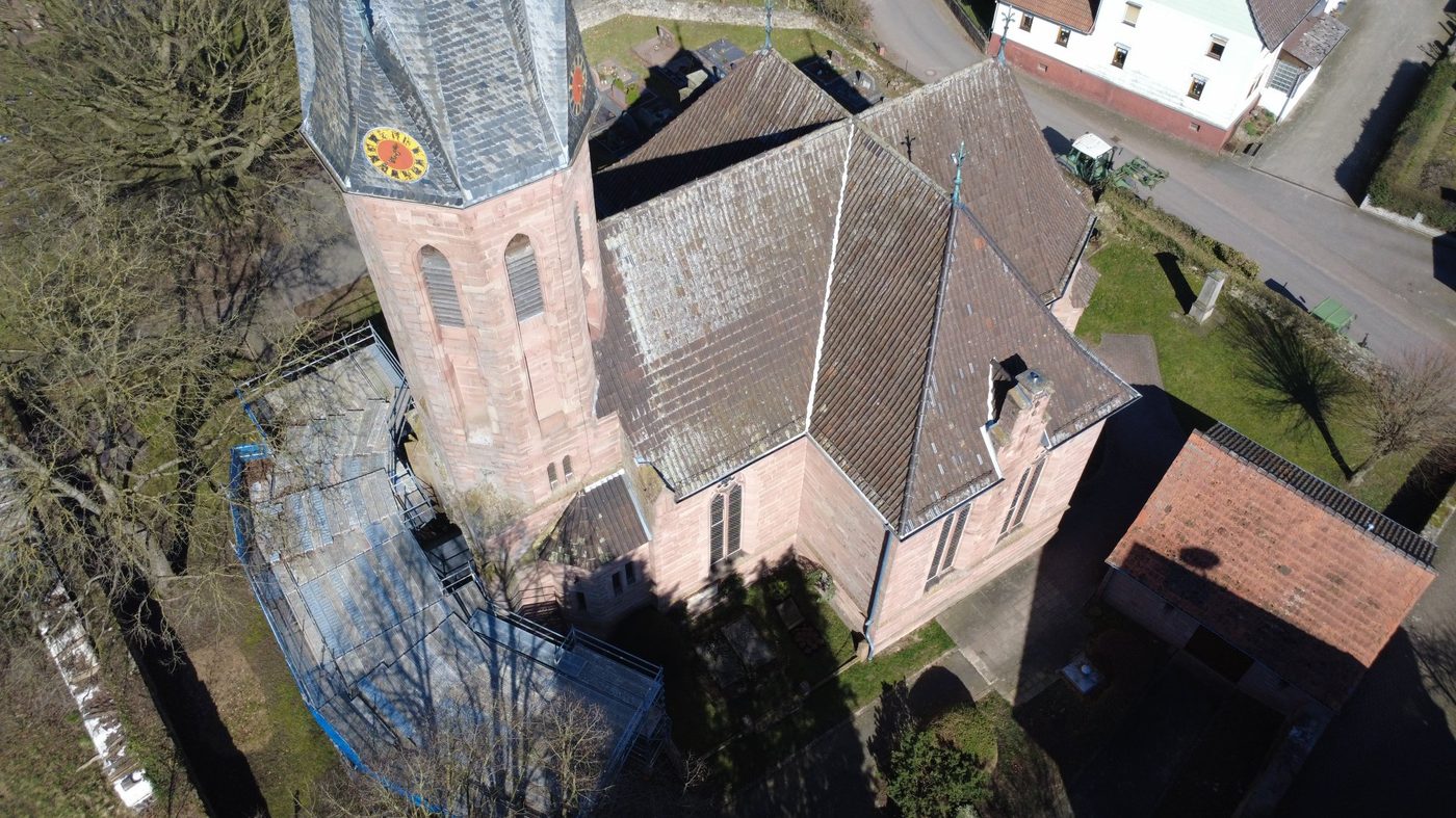 Kirchturm Schlüchtern-Elm, Drohnenaufnahme Westansicht